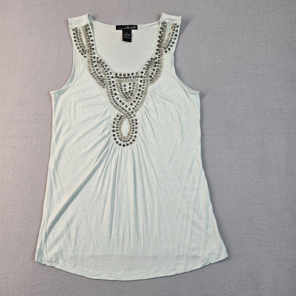 Mint Green Beaded Tank Top Small Y2K Boho Thin Light Sleeveless